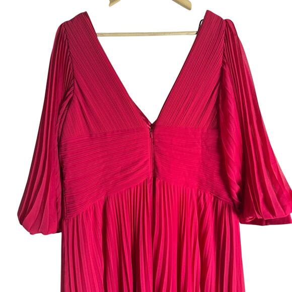 Teri Jon by Rickie Freeman Fuchsia Chiffon Pleated V-Neck Long Sleeve Gown 18 - Picture 12 of 16